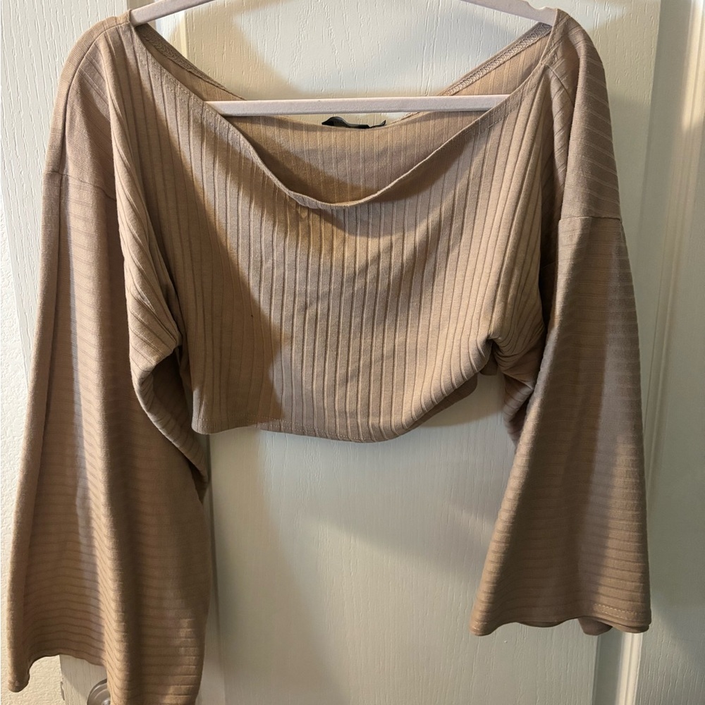 PrettyLittleThing Taupe Ribbed Long Sleeve Crop Top